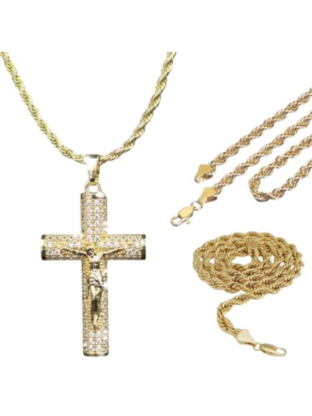 14K Gold Plated Jesus Christ Cross Crucifix 1.5 Bling Crystals Rope Chain